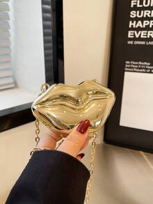 1pc Unique Funny Big Lips Design Acrylic Box Makeup Bag With Chain Strap Shoulder Crossbody Handbag - Gold - View 9