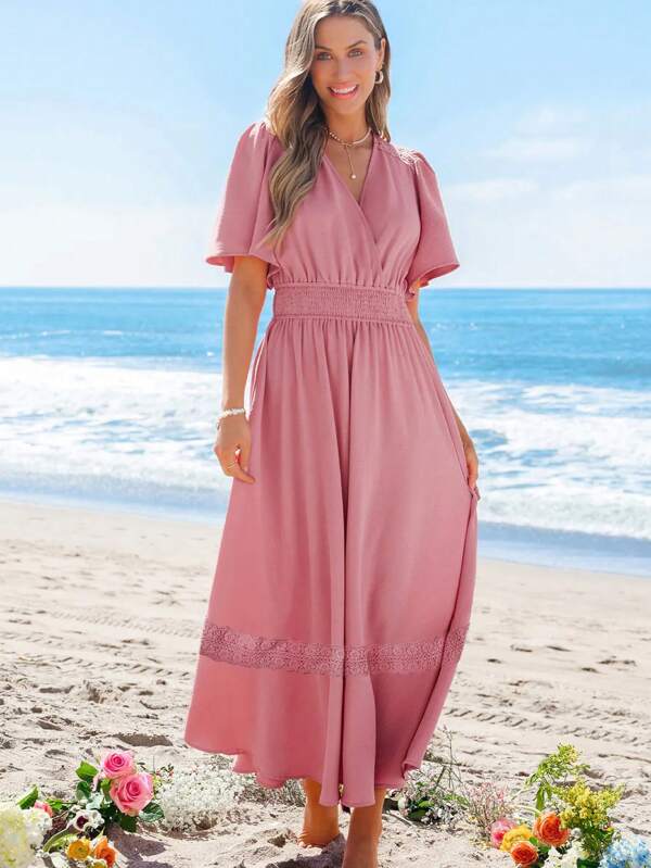 Women's Romantic Solid Pink V-Neck Short Sleeve Lace Trim Waist Elastic Long Dress, Suitable For Holiday & Casual Wear Spring/Summer