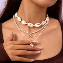 1pc Boho Style Starfish Shell Pearl 3 Layer Necklace, For Women Summer Beach Vacation - Multi-layer - View 11