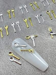 150pcs/Pack Mini Spoon & Fork Shaped Metal Nail Art Decoration, Gold & Silver Color, Nail Studs