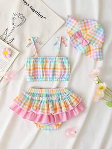 Bộ 3 món/Bộ cho bé gái/bé gái dễ thương, áo ba lỗ in họa tiết kẻ caro, áo ngực và quần tam giác kèm mũ - Nhiều màu - Xem 2