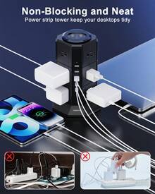 NVEESHOX Surge Protector Electrical Sockets With 4/5 USB Ports(2/3 Type C), 6.5/10FT Extension Cable With 8/12 AC Multi-Sockets, Surge Protector Power Strip Tower With Overload Protection For Home Office Dormitory - 美規B型插(110-127V) - 查看 6