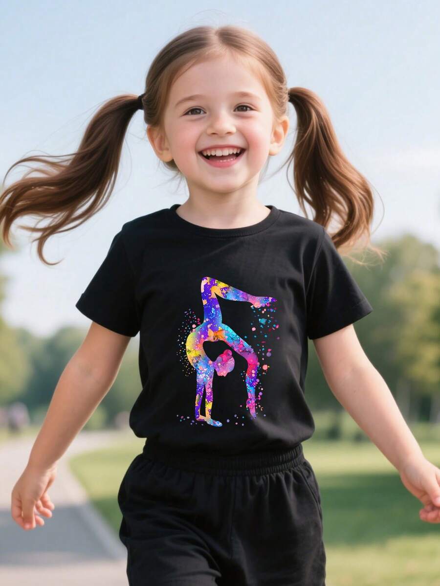 Girls' Sports Style T-Shirt With Yoga & Gymnastics Pattern, Activewear Top
