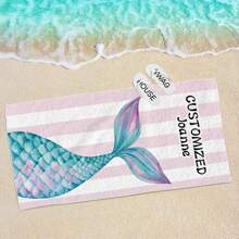 1pc Creative, Fashionable, High-Quality Beautiful Mermaid Tail Design, Customizable Name, Ultra-Soft Beach Towel, Suitable As A Gift For Loved Ones, Super Lightweight, Quick-Drying Beach Towel, Essential For Travel, Camping, Beach, Swimming Pool, Suitable For Boys And Girls. Bathroom Decor Summer Beach Essentials