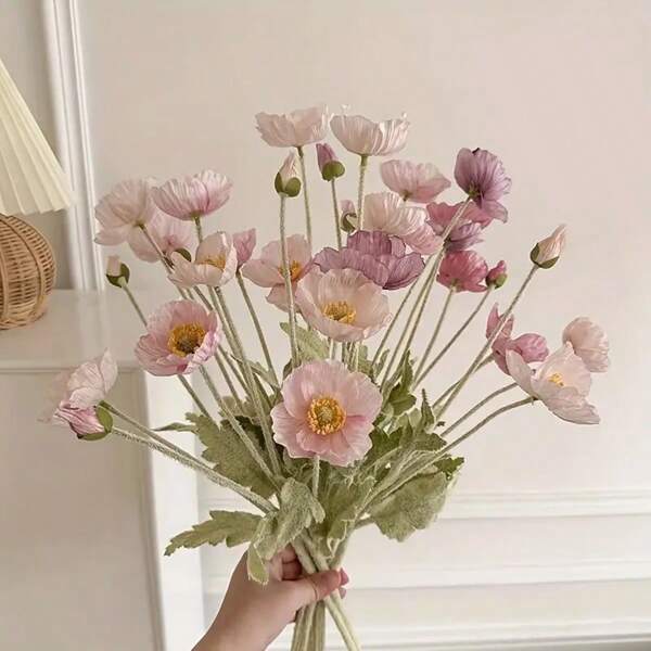 1pc Charming Pink Icelandic Poppy Artificial Bouquet - Valentine'S Day Decoration, Artificial Flowers For Home Decoration, Perfect Choice For Home And Living Room Decoration, Bright, Realistic, Durable Plastic Floral Arrangements For Versatile Fall And Seasonal Decorations, Indoor And Outdoor Decorations - Festive Atmosphere For All Seasons