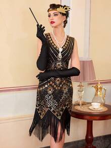 20 世纪 20 年代轻佻女郎连衣裙、《了不起的盖茨比》咆哮的 20 年代女性连衣裙、透明串珠袖子服装 - 金色 - 查看 5