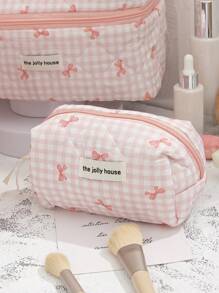 1 Piece Pink Plaid Cosmetic Bag, Bow Pattern, Girly Heart Design, Multifunctional Cosmetic Storage Pouch Portable Cosmetic Brush Clutch Bag With Zipper Closure, Ready For Lipstick