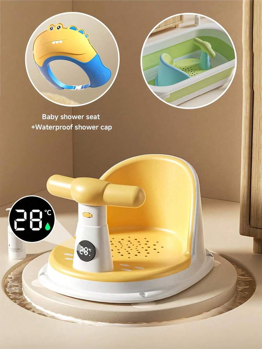 Baby Bath Chair + Waterproof Baby Bath Cap, Suitable For Infants 6 Months And Above, Non-Slip Baby Bath Seat, Applicable For Babies And Newborns, Baby Anti-Slip Bath Bench With Temperature Indicator, Yellow