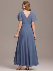 浪漫蝴蝶袖荷叶边雪纺长款伴娘礼服，浅蓝色，春季