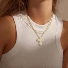 Fashionable Brass Fully Rhinestoned Bubble Cross Pendant Necklace, Elegant Collar Bone Necklace, Premium Jewelry