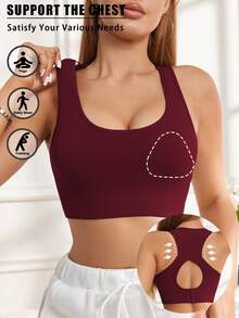 EMUPER 1pc Seamless Sports Racerback Bra, Hollow Backside Outerwear Elastic Solid Color Women Lingerie - Red - View 6