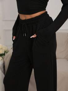 2pcs Set Women Long Sleeve Solid Color Top & Long Pants 2 Pieces Outfit, Spring Summer Autumn Winter