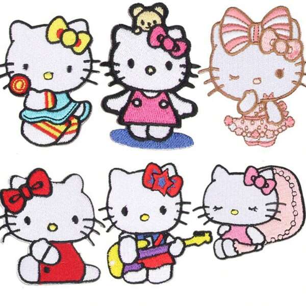 Sanrio 6 pezzi di toppe adesive con ricamo di gattini con fiocco, cartoni animati alla moda e versatili per vestiti