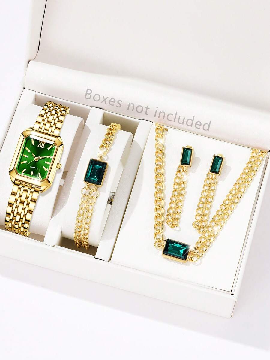 5 件女士合金表带，时尚简约休闲罗马刻度绿色表盘石英表手链项链耳环首饰套装适合日常佩戴装饰或节日礼物
