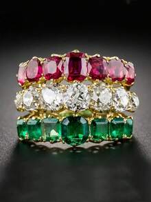 Anillo elegante y lujoso de tres capas con circonita cúbica sintética en rojo, blanco y verde, anillo elegante para mujer, regalo exquisito para fiestas de vacaciones