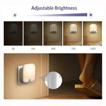 1/2 pièces Prise de veilleuse avec capteur de mouvement, pack de 2 veilleuses pour enfants avec 3 modes (auto/éteint/allumé), 5 niveaux de luminosité variable pour la chambre d'enfants, la chambre à coucher, les escaliers