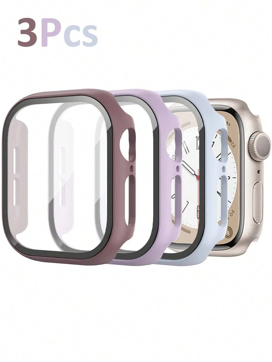 3 件装 PC + 钢化玻璃一体式表壳，防摔时尚保护套，兼容 表壳 40/41/42/44/45/46/49 毫米，兼容 Series Ultra/Se/11/10/9/8/7/6/5/4，智能手表配件男士女士 - 煙燻紫色+燻衣草色+天藍色 - 查看 1