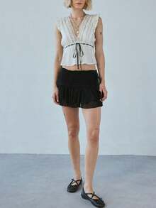 Women Summer Boho Tie Front Lace Trim Tank Tops Y2k Flowy Frilly Chiffon Vest Beach Button Ruffle Eyelet Tank Tops Light - White - View 4