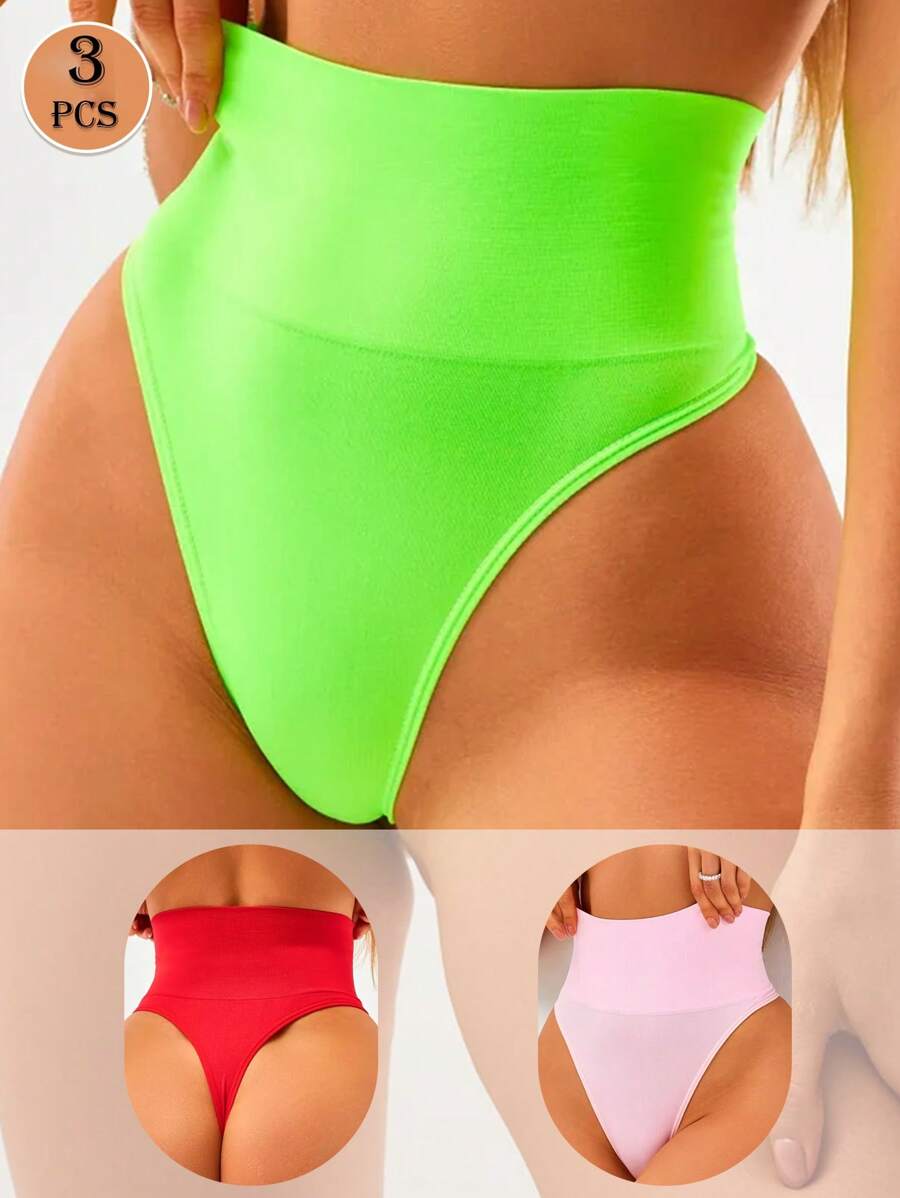 Juego de 3 piezas de tangas para mujeres, ropa interior sin costuras, tangas casuales/deportivas, tangas elegantes/románticas, tangas lindas/dulces, tangas de talle alto, pantaletas moldeadoras de caderas y abdomen plano, tangas sexys, pantaletas para yoga, diseño de adelgazamiento posparto, ropa interior y lencería básica de primavera, regalo del Día de la Madre, tangas de señora (rosa, verde fluorescente, rojo)