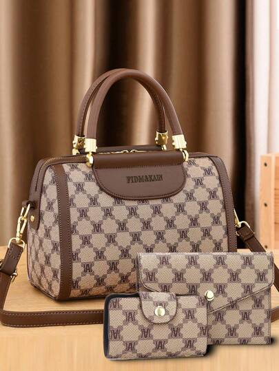 3 Peças Conjunto de Bolsa de Mão Estampada, Bolsa Tote e Bolsa Almofada de Moda Feminina