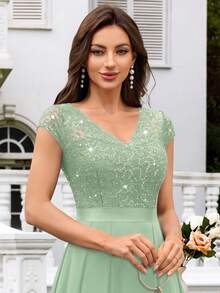 MIUSOL V领亮片蕾丝短袖雪纺荷叶边长款连衣裙，优雅女士派对礼服，正式晚礼服，舞会礼服，适合婚礼宾客、毕业典礼、盛大晚宴及其他场合。 - 薄荷綠 - 查看 8