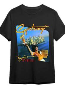 Supertramp "Breakfast In America" Graphic Men's Cotton T-Shirt - Black Short Sleeve Rock Band Legend Design, Casual Crew Neck, Machine Washable, Casual Wear | Cityscape Print | Knitted Texture, Rock And Roll T Shirts - Black - View 1