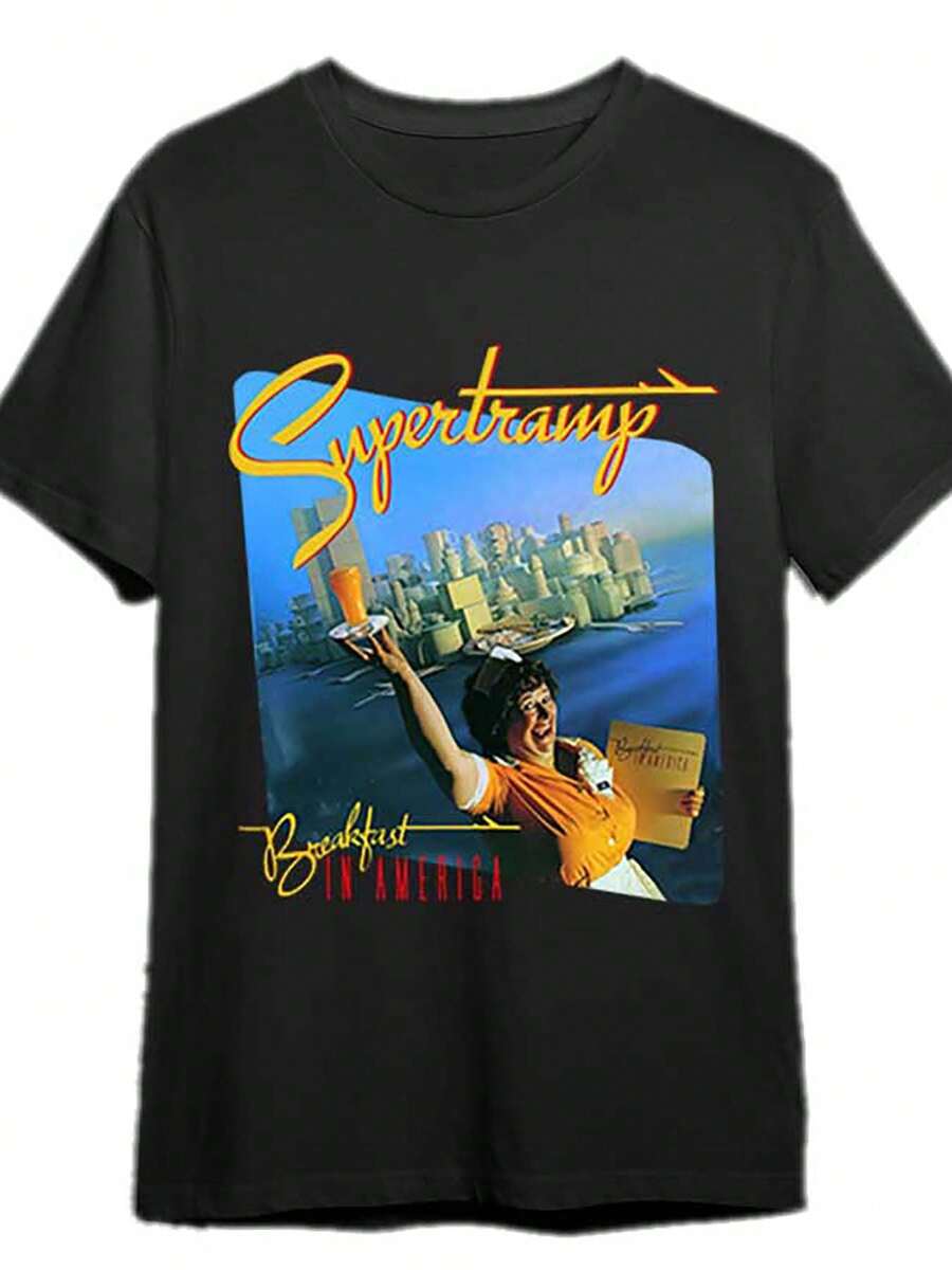 Supertramp "Breakfast In America" Graphic Men's Cotton T-Shirt - Black Short Sleeve Rock Band Legend Design, Casual Crew Neck, Machine Washable, Casual Wear | Cityscape Print | Knitted Texture, Rock And Roll T Shirts - Black - View 1