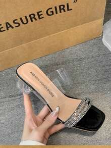 2025新款女士水钻凉鞋，夏季透明水晶高跟拖鞋，时尚仙女风格露趾户外拖鞋