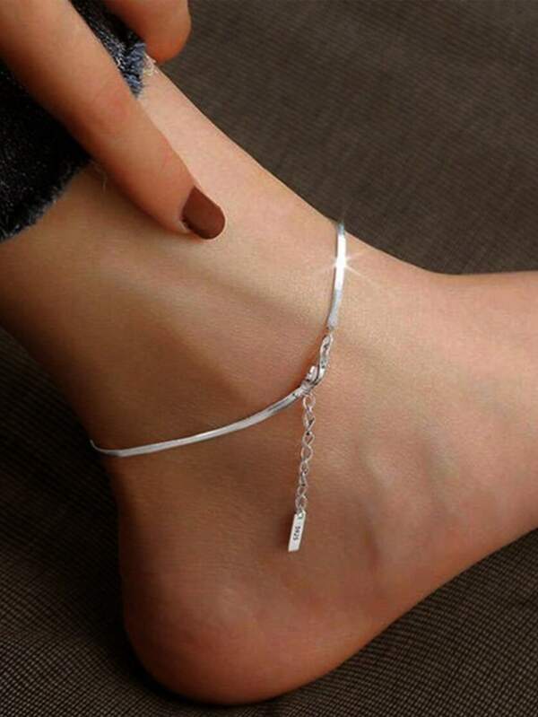 1PC 925 Sterling Silver Flat Snake Chain Link Ankle Bracelet For Women, Boho Cute Summer Beach Anklet Foot Jewelry