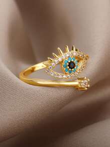 Vintage Evil Eyes Stainless Steel Rings, Cubic Zirconia Gold Color Anti Fading Open Ring For Women, Aesthetic Wedding Party Jewelry Vacation Accessories, Gifts For Mom/Best Friends