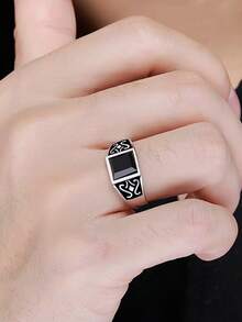 1pc Retro Edgy Elegant Punk Style Simple Mysterious Totem Drip-Oil Rhinestone Square Adjustable Ring, Versatile Daily/Formal Wear Accessory, Suitable As Birthday Gift For Boyfriend - Square Ring - View 3