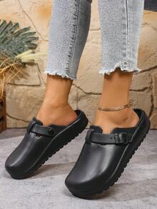 女士厚底花园木屐 - 迷人的封闭式趾沙滩凉鞋，轻便，时尚新款黑色纯色平底木屐，休闲镂空设计花园鞋，舒适 - 黑色 - 查看 3