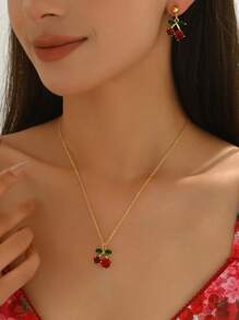 3pcs Set Summer Elegant Metallic Delicate Cherry Necklace & Earrings Jewelry Set, Suitable For Daily Wear Or Gift