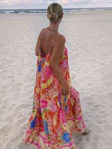 Damska sukienka typu boho na lato, plażę, kwiatowy nadruk, odkryte plecy, dekolt w serek, ramiączka spaghetti, na ramiączkach, odpowiednia na festiwale muzyczne, swobodną fotografię wakacyjną, ukończenie szkoły, stroje dla gości weselnych i imprezy - Wielokolorowe - Zobacz 8