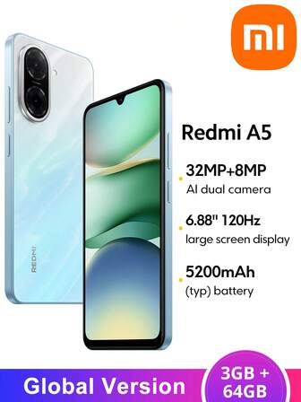 Xiaomi Redmi A5 Smartphone Global Version 3GB+64GB UNISOC T7250 Processor 6.88" Large Screen 120Hz Display 32MP Main Camera 8MP Front Camera 5200mAh Battery (Typ) Supports 15W Fast Charging,Christmas Gifts For Children And Parents