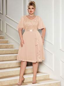 Plus V-Neck Sequin Floral Lace Contrast Chiffon Butterfly Sleeve Ruffle Hem Evening Party Swing Dress, Elegant Prom Semi Formal Wedding Guest Dress, For Birthday, Graduation, Dinner Date - Champagne - View 4