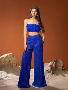 Faeriesty Bộ đồ hai mảnh thanh lịch dành cho nữ gồm quần sequin lấp lánh và áo hai dây họa tiết hoa 3D, ôm sát và thoải mái, thiết kế tinh tế vượt thời gian, phù hợp cho thảm đỏ, dạ hội, đám cưới, tiệc sang trọng, chẳng hạn như tiệc cưới, vũ hội hóa trang, tiệc vườn bí mật, tiệc tối trang trọng, sự kiện thắt cà vạt đen, váy tốt nghiệp và trang phục sinh nhật, váy mùa xuân/hè. - Xanh đậm - Xem 4