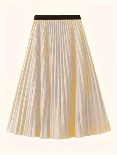 Women's Casual Polyester Pleated Midi Skirt , Solid Color, Non-Stretch, Machine Washable, Suitable For Spring Summer Autumn, Versatile Length To Match Various , Contrast Color Block Striped Casual Pleated Design