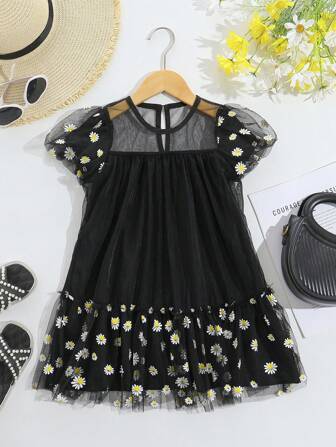 1 件年轻女孩花卉印花夏季度假连衣裙，立领，短袖，带衬里，时尚优雅