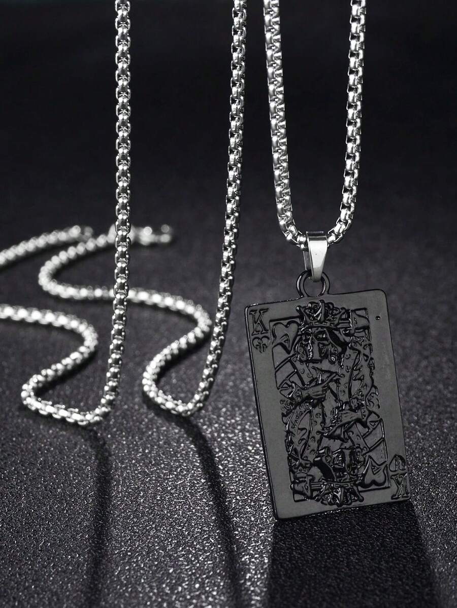 1pc Retro Skull Playing Card Pendant Necklace For Men - Black - View 1