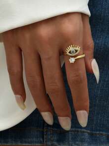 镀铜简约优雅锆石眼形设计可调节戒指，时尚日常佩戴 - 彩色 - 查看 4