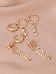 3 pares de aretes elegantes de cadena con circonita cúbica mini para clip/brazalete para mujeres, joyas diarias/de fiesta - Amarillo Oro - Ver 4