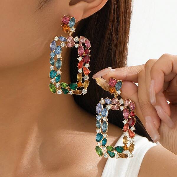 1 par de pendientes geométricos de lujo retro con múltiples cristales para mujeres, pendientes exagerados de rectángulo con rhinestones para banquetes de boda