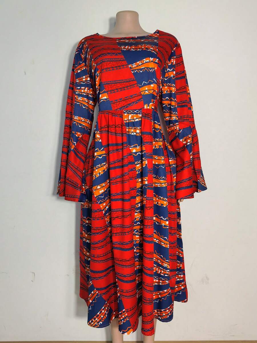 Gaun Liburan Kasual Lengan Lebar Motif Bunga Vintage Ukuran Besar - MultiWarna - View 1