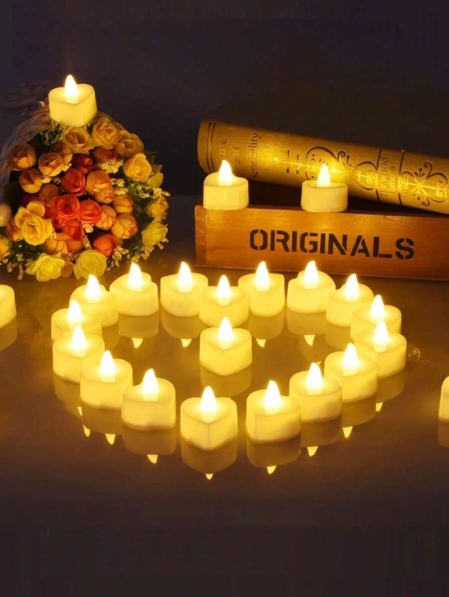 6/12/24 Stücke herzförmige warmfarbige flammlose LED Kerzen, 4,3 cm Nachtlicht dekorative Stimmungsbeleuchtung, kreatives Hochzeit Geburtstag Hochzeitskerzen Venue Dekoration Requisite Elektronische Kerze, Liebesgeschenk Valentinstag Dekoration