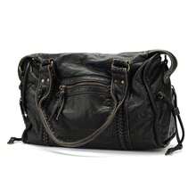 全新设计女士手提包水洗皮革托特包大容量钱包复古单肩包女士 - 黑色 - 查看 2