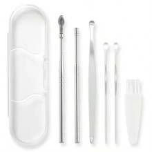 Set de 6 piezas de Palillos de oído de acero inoxidable, 8 piezas de Herramientas para eliminar la cera de oído, Cucharilla de oído de espiral de doble extremo, Kit de limpieza de oídos