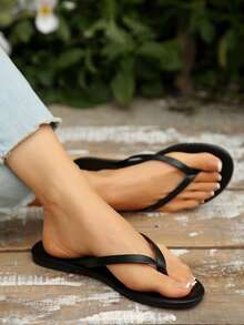 New Spring/Summer Toe-Strap Sandals, Round Toe Flat Flip-Flops, Casual Slip-On Slippers For Indoor & Outdoor Wear - Black - View 6