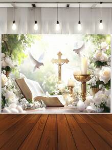 1 Stück florale Erste Heilige Kommunion Taufe Fotografie Hintergrund Gott segne weiße Blumen Friedenstauben goldenes Kreuz Partybanner 150 x 100 / 210 x 150 / 270 x 180 cm Hochzeit Babyparty Geburtstag Fotohintergrund für Innen- und Außenbereich Dekorationsbedarf