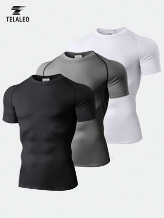 TELALEO 3pcs Men's Compression Active Mid Stretch Moisture Wicking Workout T-Shirt For Outdoor Sports